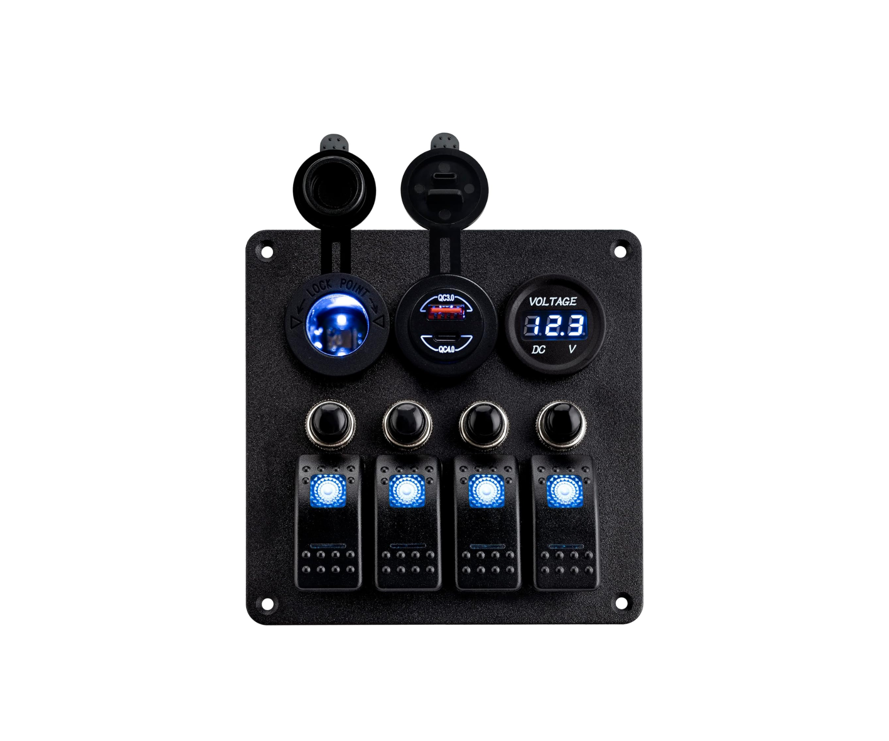 Aluminium schakelpaneel 4 schakelaars met 12V-aansluiting, USB-A/USB-C en voltmeter