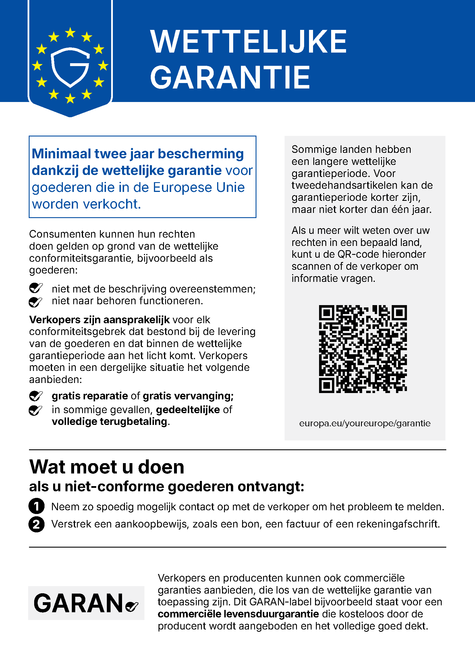 EU-kennisgeving: elke consument in de EU heeft recht op minimaal twee jaar wettelijke garantie